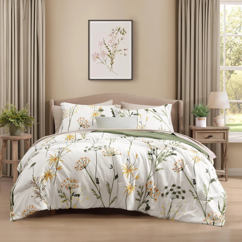 CASAAGUSTO Queen Comforter Set 7 PCS White & Green Dandelion Plant Comforter Set with Flowers Leaves Pattern Soft Seersucker Design All Season Microfiber Bedding Set(90"X90")