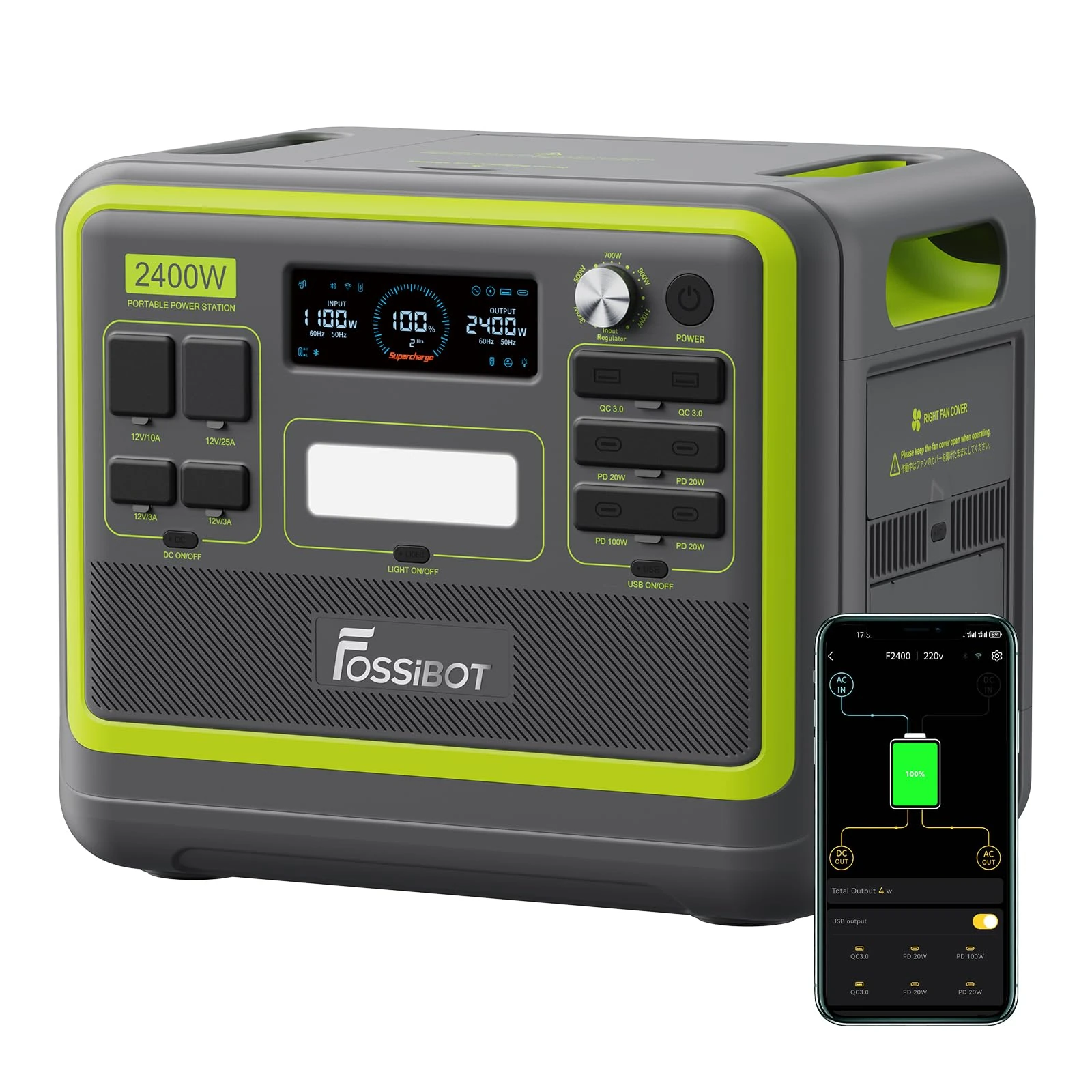 FOSSiBOT F2400 Portable Power Station with 2048Wh LiFePO4, 3 x 240V AC Outputs 2400W (4800W Peak), 1.5H full charge, UPS, 100W USB-C Output, Solar Generator for RV/Camping/Home