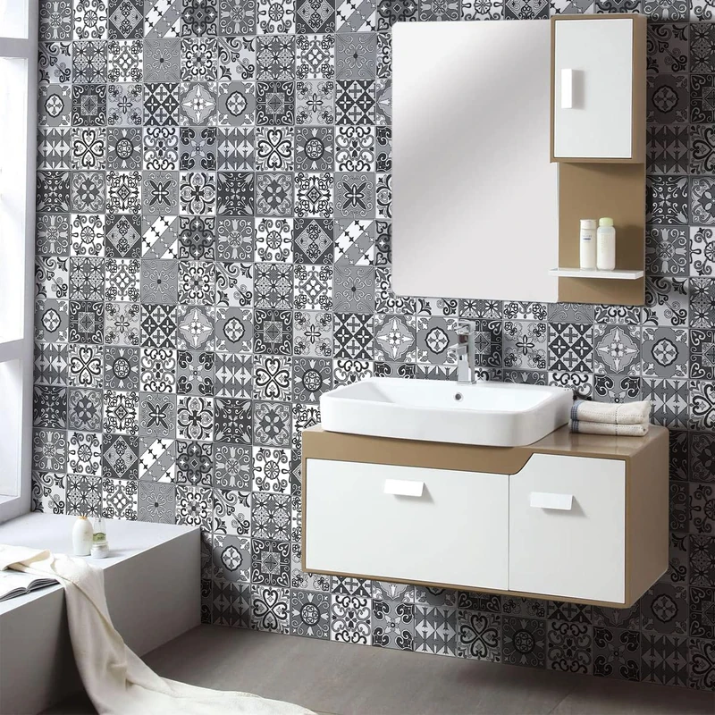 Ambiance Sticker Self-Adhesive Decorative Wall Decal Cement Tile for Bathroom and Kitchen Sovania - Pack of 60 Stickers of 15 x 15 cm