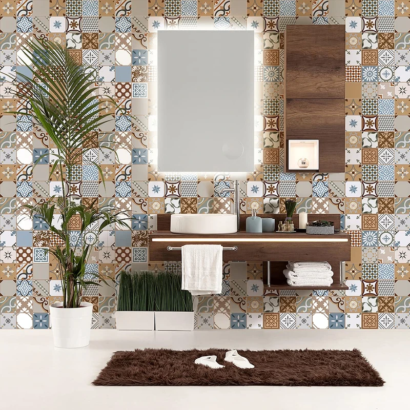 Ambiance Sticker Self-Adhesive Decorative Wall Decal Cement Tile for Bathroom and Kitchen Macarena - Pack of 60 Stickers of 15 x 15 cm