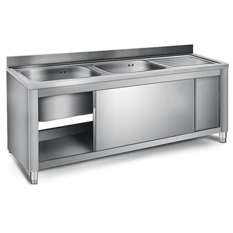 Stalwart DA-VSC186LBT Commercial Sink with Cupboard Stainless Steel 2 Bowls Left Splashback Width 1800mm Depth 600mm