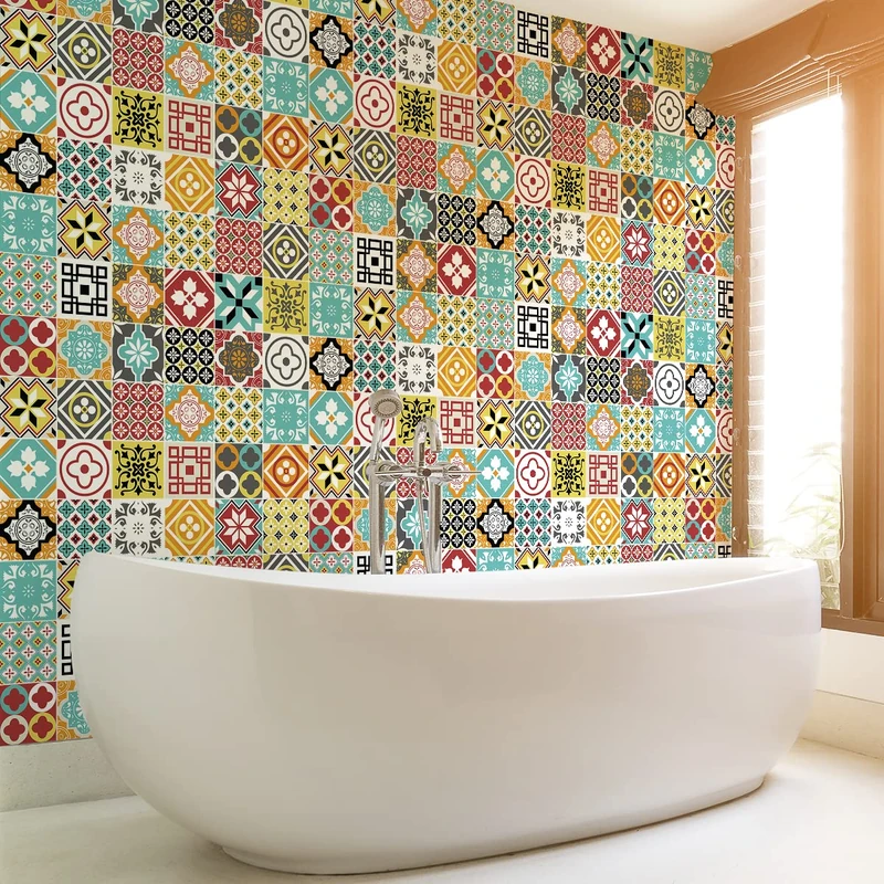 Ambiance Sticker Self-Adhesive Decorative Wall Decal Cement Tile for Bathroom and Kitchen Cyntiaria- Pack of 60 Stickers of 15 x 15 cm