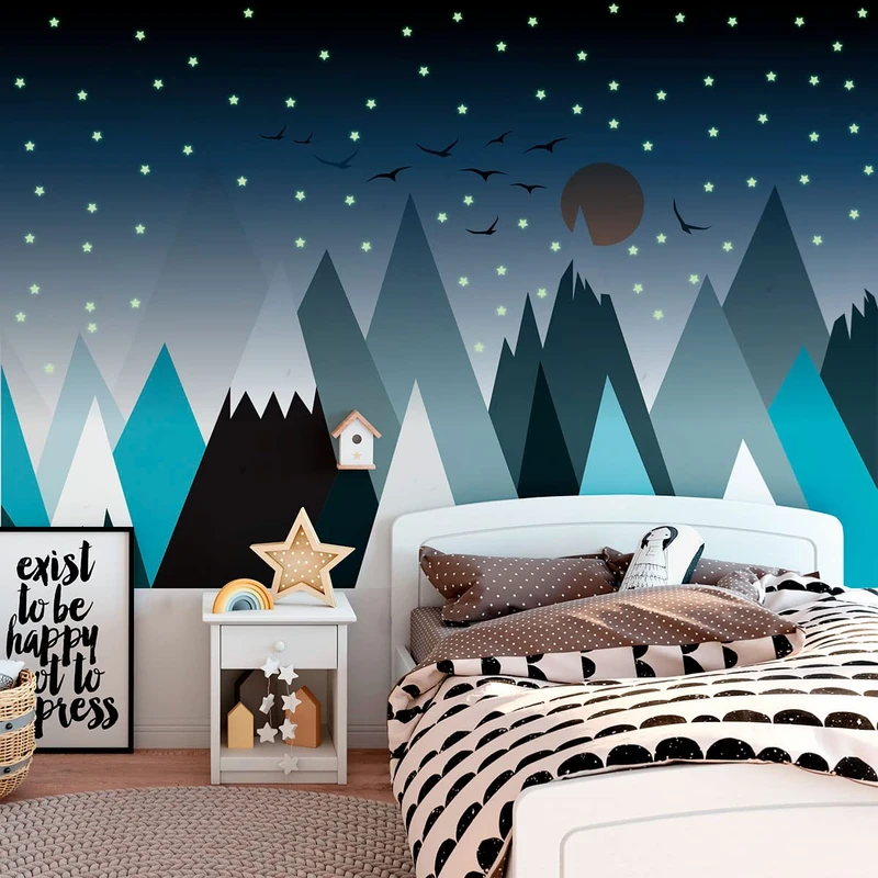 Children's Wall Stickers Giant Scandinavian Mountains Parka Mountains + 100 Phophorescent Stars 70 x 105 cm