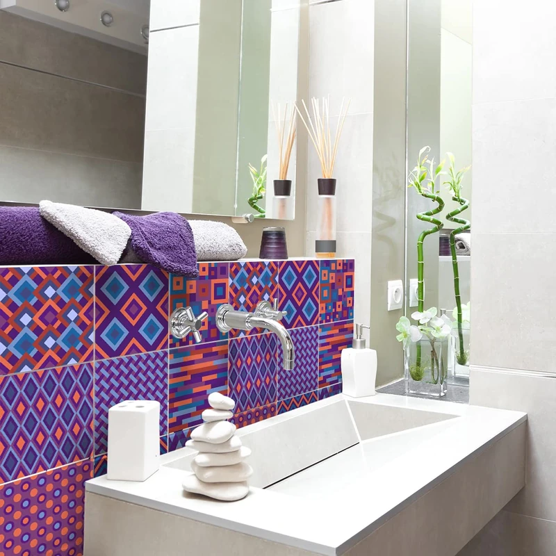 Ambiance Sticker Self-Adhesive Decorative Wall Decal Cement Tile for Bathroom and Kitchen Ethnique Toyonaka- Pack of 9 Stickers of 20 x 20 cm