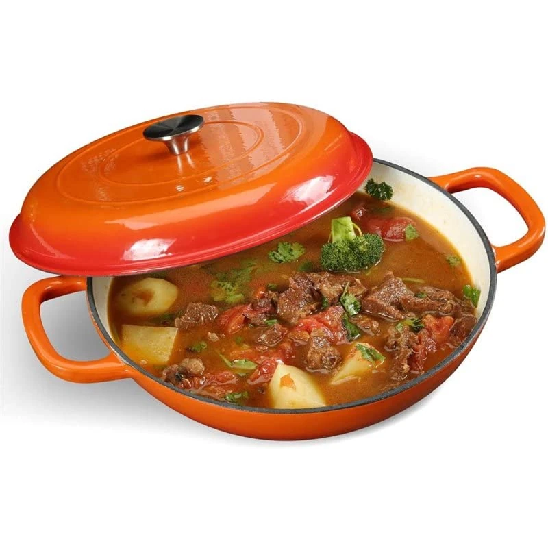 Stalwart DA-QT3107O Enameled Cast Iron Casserole Shallow Pot Round Orange 31cm 3.5 litres