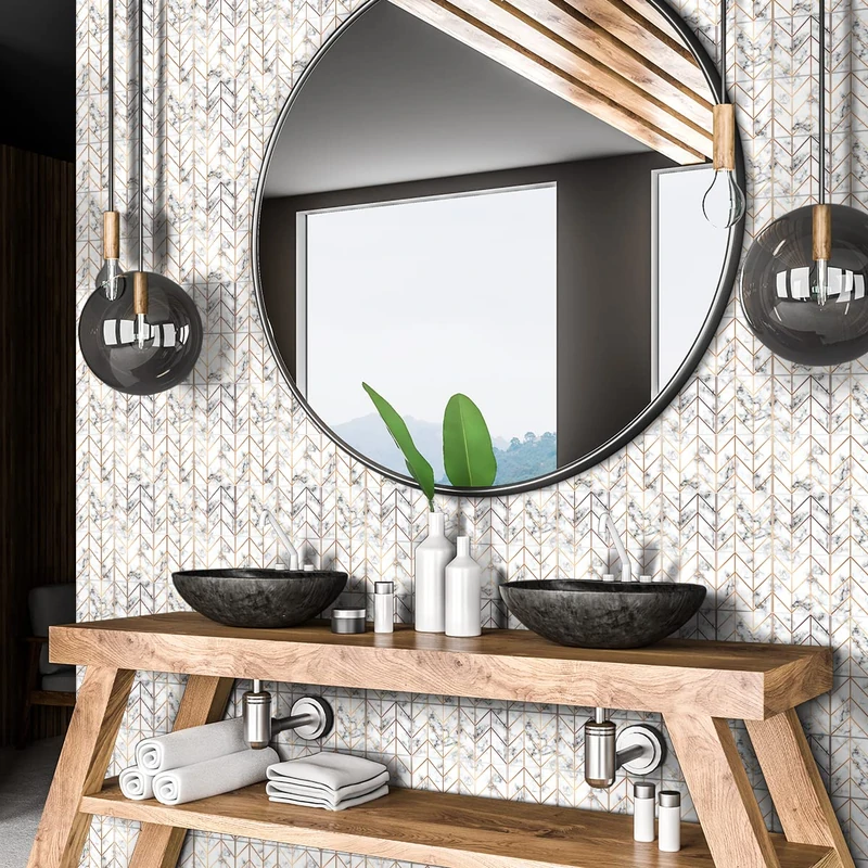 Ambiance Sticker Self-Adhesive Decorative Wall Decal Cement Tile for Bathroom and Kitchen Marbré Ligne Dorée- Pack of 60 Stickers of 15 x 15 cm
