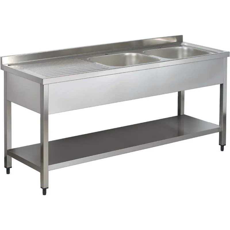Stalwart DA-VS147RBT Commercial Sink Stainless Steel 2 Bowls Right Bottom Shelf Splashback 1400mm Depth 700mm