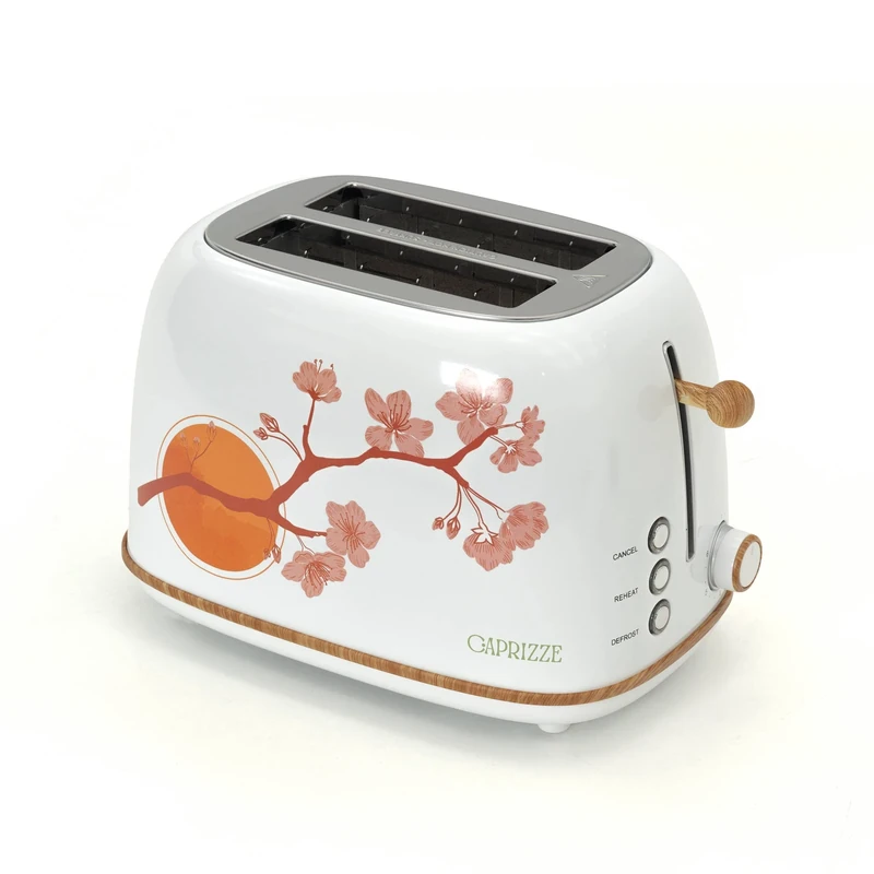 CAPRIZZE Kaito Bread Toaster with Extra Wide Double Slot, 3.8 cm and 13.5 cm Long, 6 Levels of Toasting, Floral Decoration and Matte White Wood Effect - Image 1