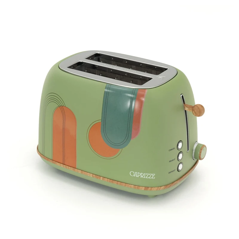 Caprizze Kaito Extra Wide Double Slot Toaster 6 Browning Levels, Floral and Wood Effect, Matt Green