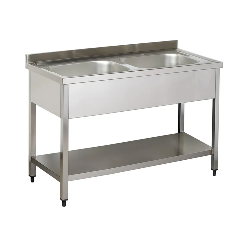 Adexa VS126BT Commercial Stainless Steel Sink, 2 Bowl, Bottom Shelf Splashback, 1200mm Depth, 600mm
