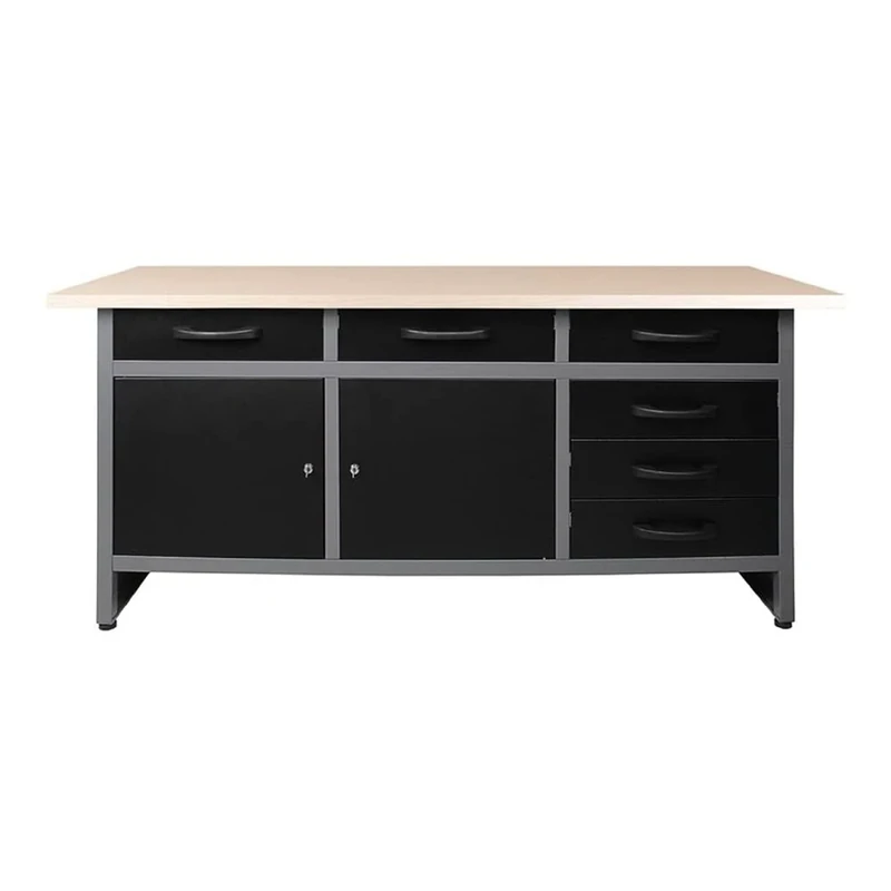Stalwart DA-TC008 Professional Grey Black Workshop Workbench with 30mm Wooden Desktop 6 Drawers 2 Lockable Doors 1600x600x850mm