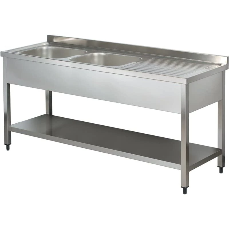 Commercial Sink Stainless Steel 2 Bowls Left Bottom Shelf Splashback 1400mm Depth 700mm DA-VS147LBT