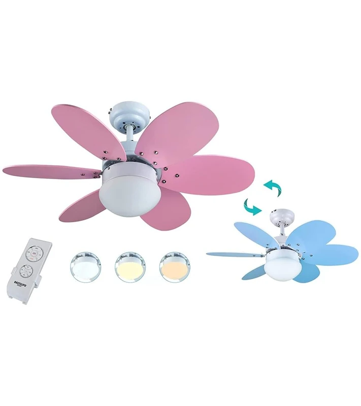 ALGARVE DC Ceiling Fan with DC Motor, Remote Control, 75 cm Diameter, 6 Blades, Pink/Light Blue, 3 Tone LED Light, White Chassis
