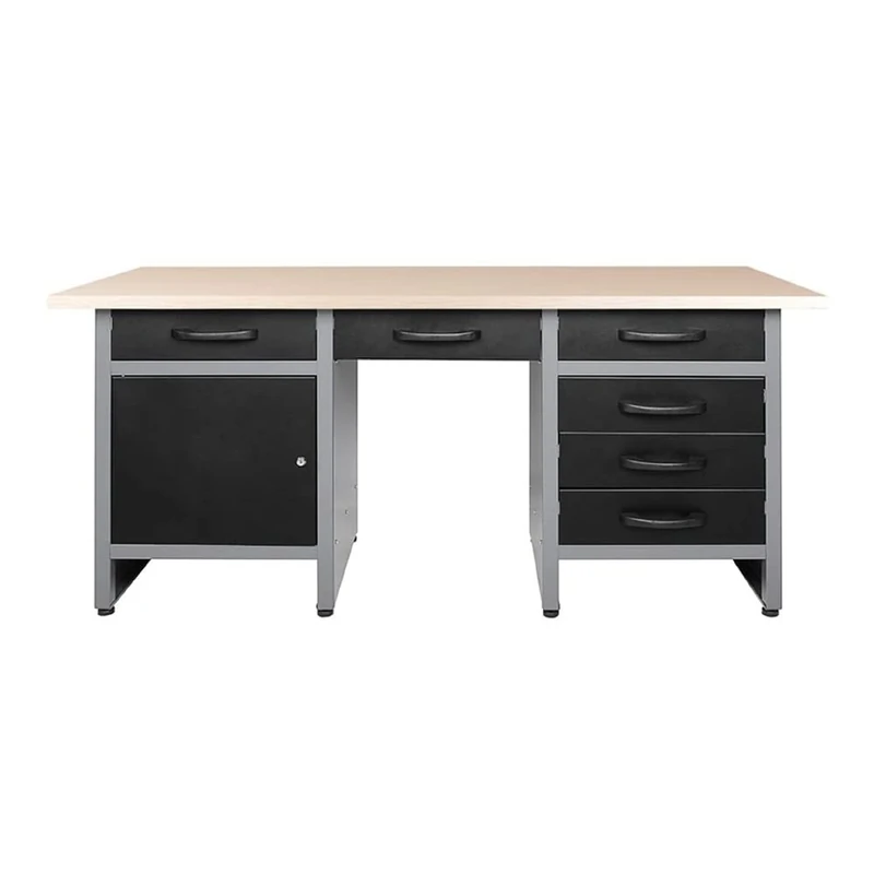 Stalwart DA-TC007 Professional Grey and Black Workshop Workbench with 30mm Wooden Desktop, 6 Drawers and Lockable Door 1600x600x850mm
