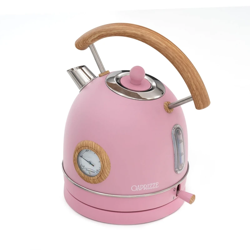 Caprizze Nara 2200 W Stainless Steel Water Kettle with Integrated Thermometer, Capacity 1.8 L Matte Pink and Wood Effect