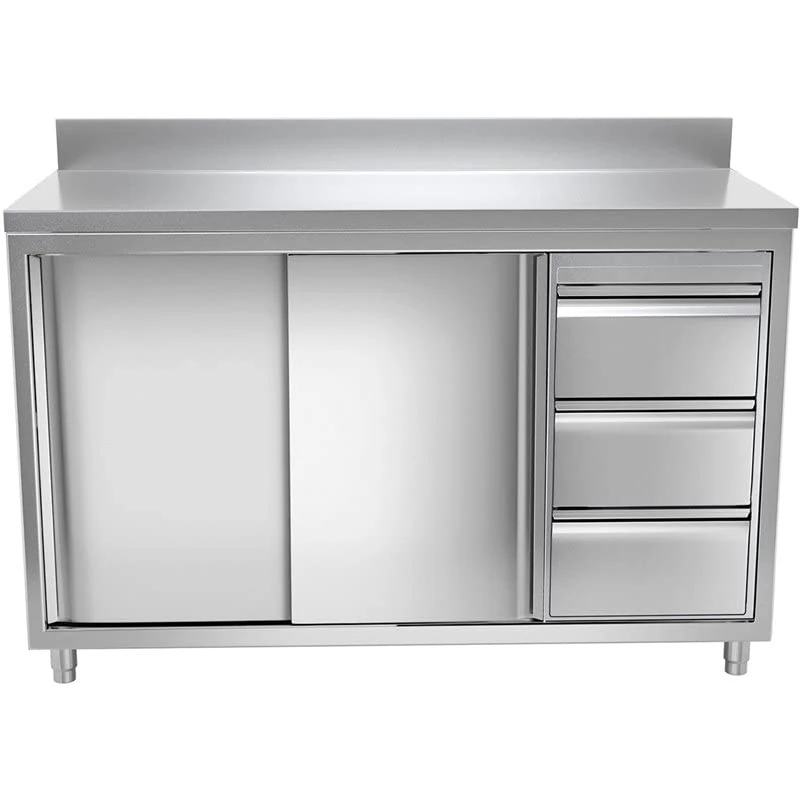 Stalwart DA-VTC166R Commercial Worktop Floor Cupboard 3 Drawers Right 2 Sliding Doors Stainless Steel Width 1600mm Depth 600mm Upstand