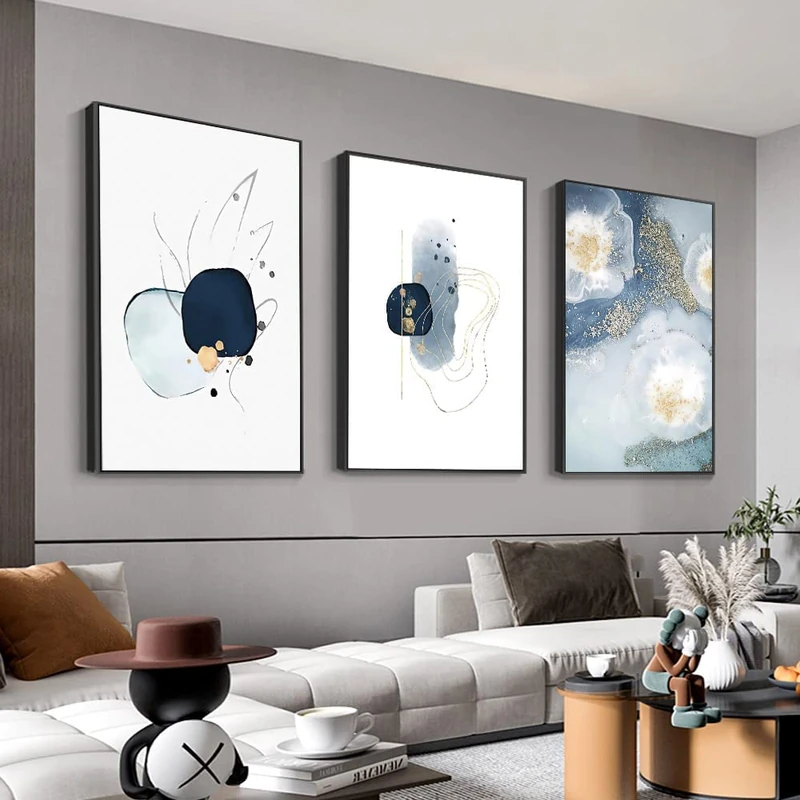MPLONG 3 Framed Abstract Canvas Wall Art, Artwork in Blue, White and Grey, Simple and Elegant for Living Room Bedroom Office Decor