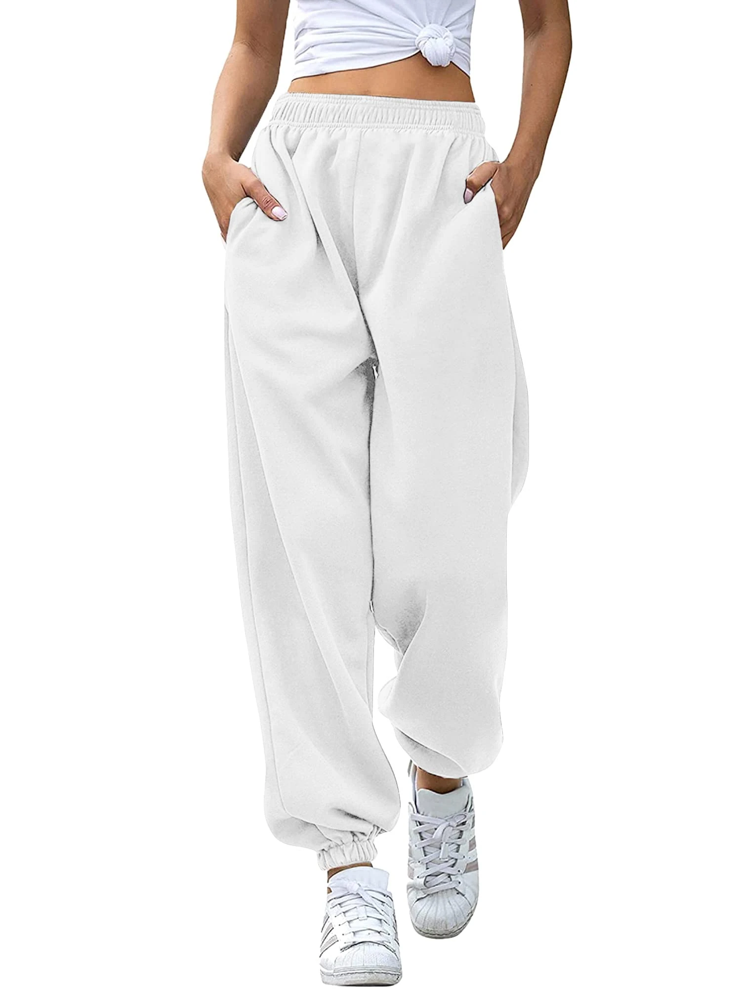 Love My Fashions Women's Plain Gym Sport Jogger Sweatpants & Winters Joggers Pockets Pants and Baggy Elastic Waist Trousers for Casual Hip Hop, Gym and Jogging White