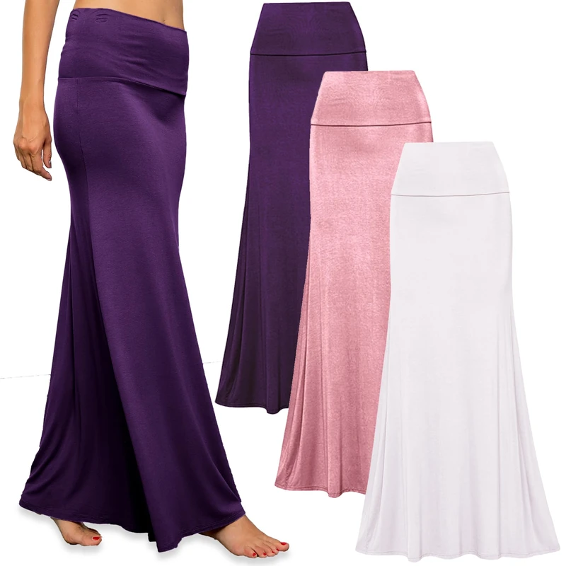 Free to Live - 3 Pack Women's Fold Over Flowy High Waist Maxi Skirts - Flare Style, Floor Length, Purple, Rose, White, Medium