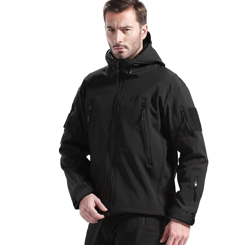 FREE SOLDIER Mens Winter Waterproof Tactical Military Jackets Winter Outdoor Softshell Jacket Fleece Lining Hunting Coat with Hood (Black,XXL)