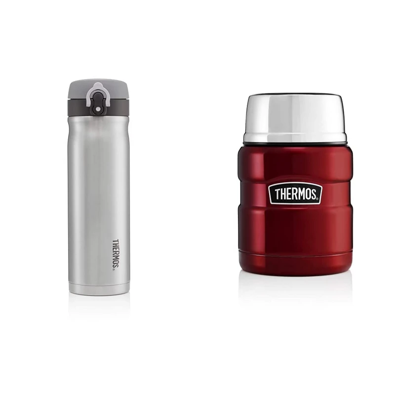 Thermos Stainless Steel Direct Drink Flask, Grey - 500 ml & 184807 Stainless King Food Flask, Cranberry Red, 0.47 L