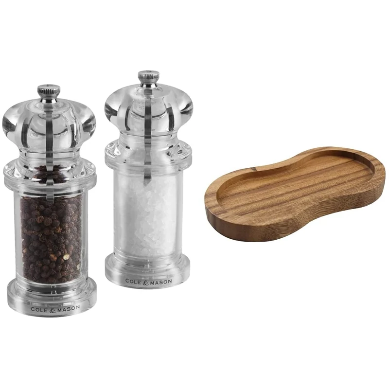 Cole & Mason H50518P 505 Clear Salt and Pepper Mills | Precision+ | Acrylic | 140mm & T&G 10469 Tuscany Acacia Double Mill Rest / Work Surface and Dining Table Protector, 16 x 9 x 1.5 cm, Brown