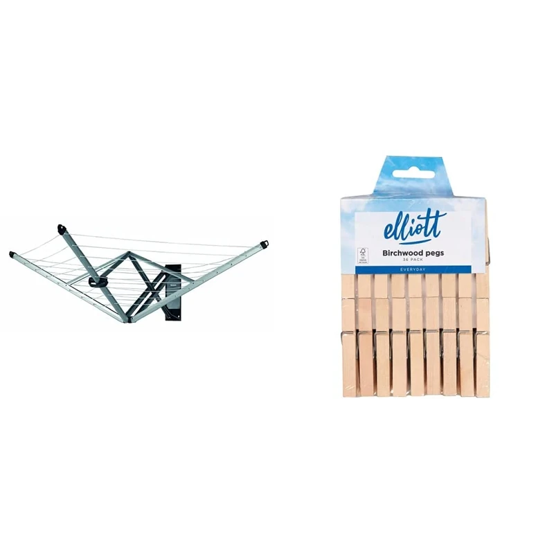 Brabantia - WallFix - 24 Metres of Clothes Line - UV-Resistant & Non-Slip Lining - Foldable Rotary Dryer - with Protection Cover - Metallic Grey - 184 x 182 cm & 36 Hardwood Clothes Pegs