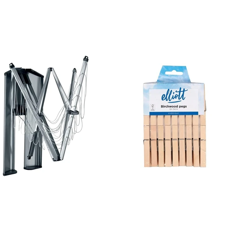 Brabantia - WallFix - 24 Metres of Clothes Line - UV-Resistant & Non-Slip Lining - Foldable Rotary Dryer - Easy to install - with Storage Box - Metallic Grey - 184 x 182 cm & 36 Hardwood Clothes Pegs