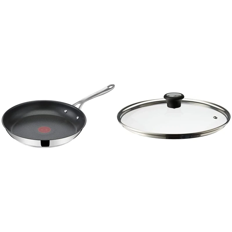 Tefal Jamie Oliver Cook's Direct Stainless Steel Frying Pan, 28 cm, Non-Stick Coating, Heat Indicator, Riveted Safe-Grip Handle & 28097712 Compatible Glass Lid, Steam Vent, 28 cm