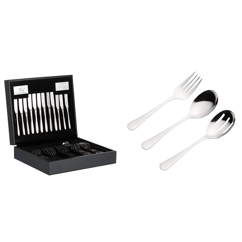 Viners Eden Cutlery Set | Elegant Mirror Polished Flatware in Wooden Canteen Gift Box & 0304.077 Select Table Set | Elegant Mirror Polished Large Serving Utensils Gift Box with 25 Year Guarantee