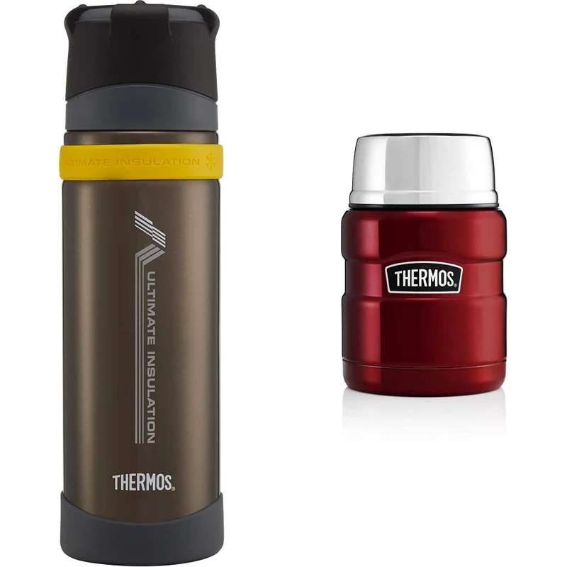 Thermos 104105 Ultimate Series Flask, Charcoal, 500 ml & 184807 Stainless King Food Flask, Cranberry Red, 0.47 L