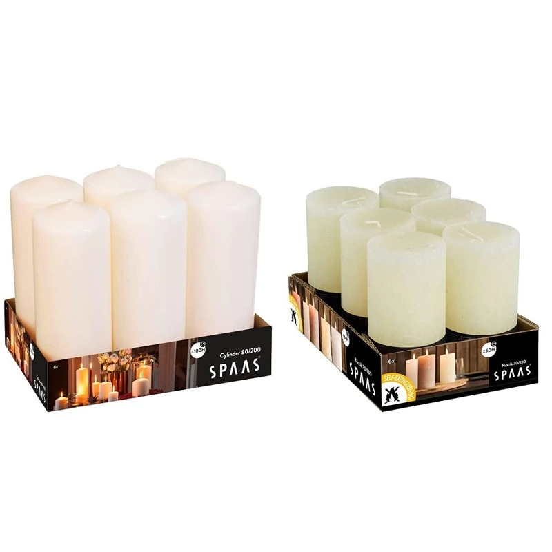 Spaas 6 Unscented Pillar Candle 80/200 mm, ?? 100 Hours, Ivory & 6 Rustic Unscented Rustic Pillar Candles 70/130 mm, 60 Hours, Ivory