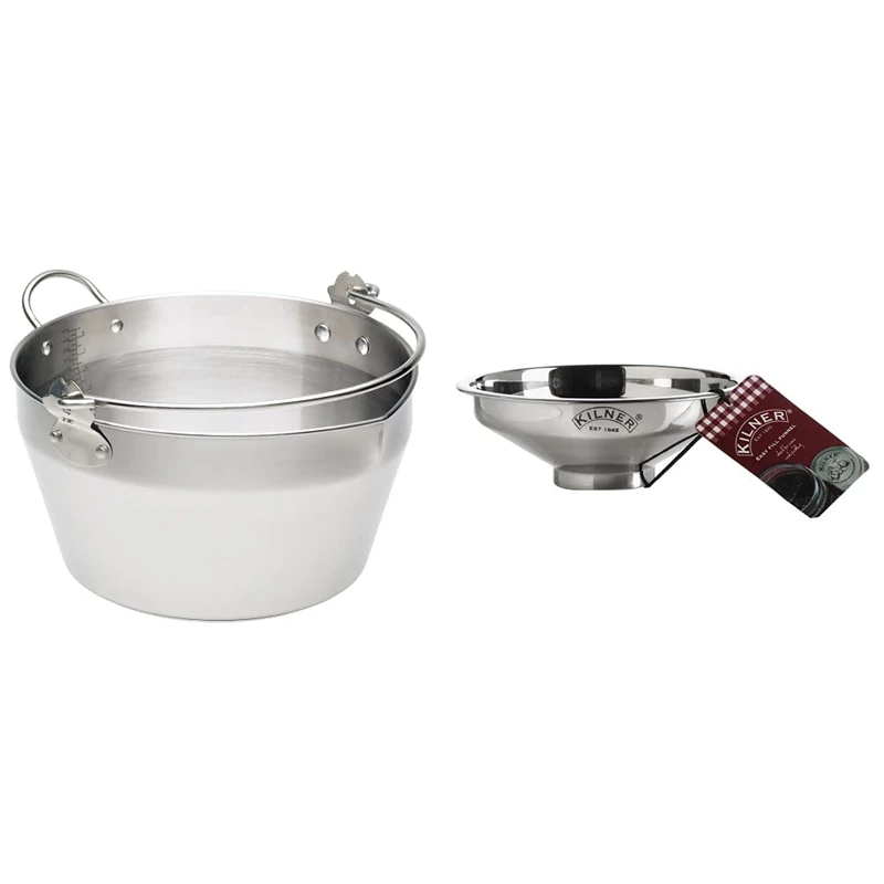 KitchenCraft Home Made Maslin/Jam Pan for Induction Hob with Recipe in Gift Box, Stainless Steel, 9 Litre, Silver & Kilner Stainless Steel Easy Fill Jam Jar Funnel, Steel, Silver, 14 x 14 x 5 cm - Image 1