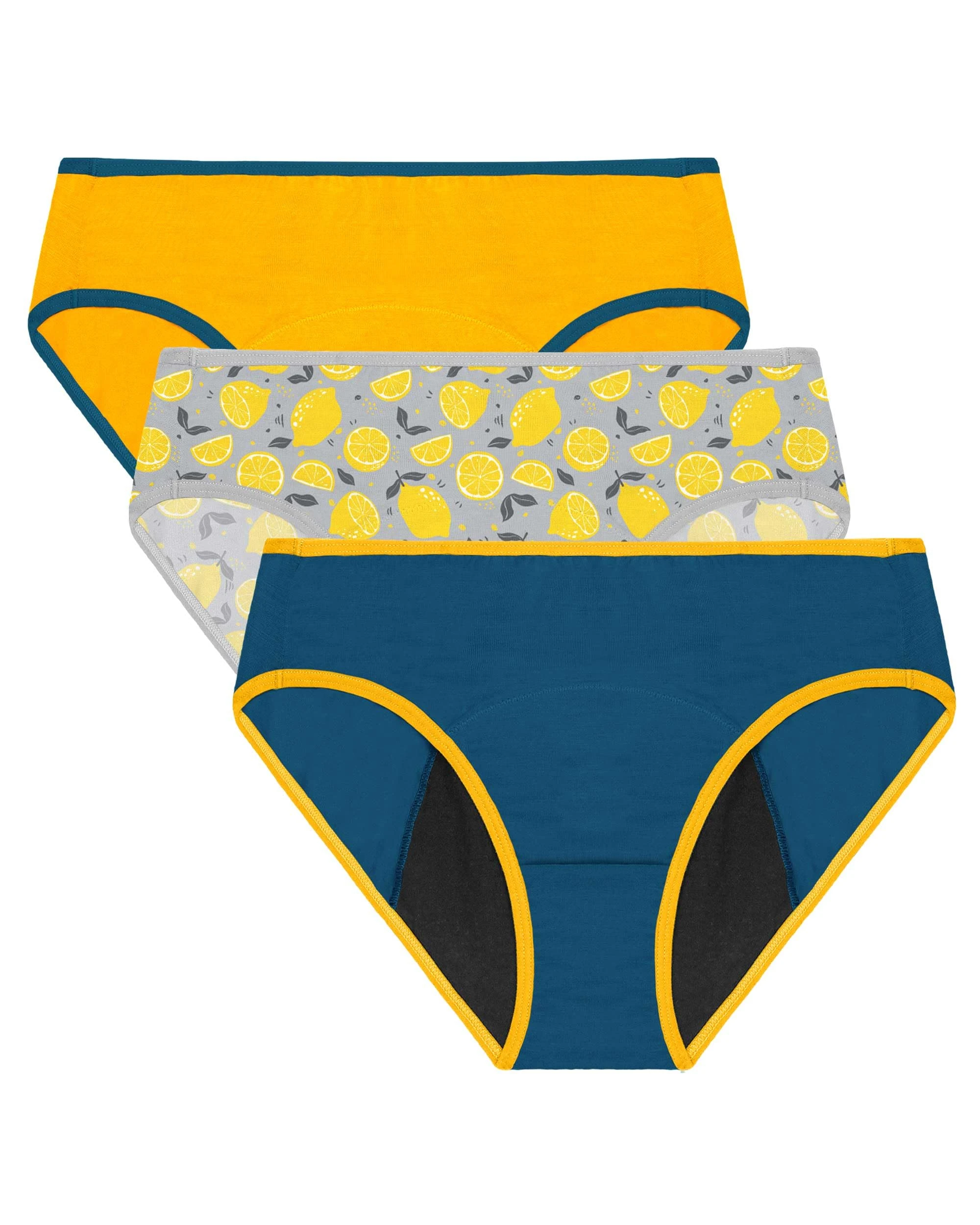 Neione Period Pants for Teenage Girls Heavy Flow Menstrual Knickers Teen Hipster Underwear Reusable Panties 3 Pack Lemonade 12-14 Years