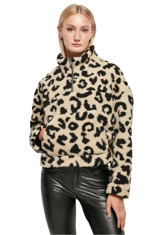 Urban Classics Women's Ladies Short AOP Sherpa Troyer Cardigan Sweater, Sandleo, 4XL