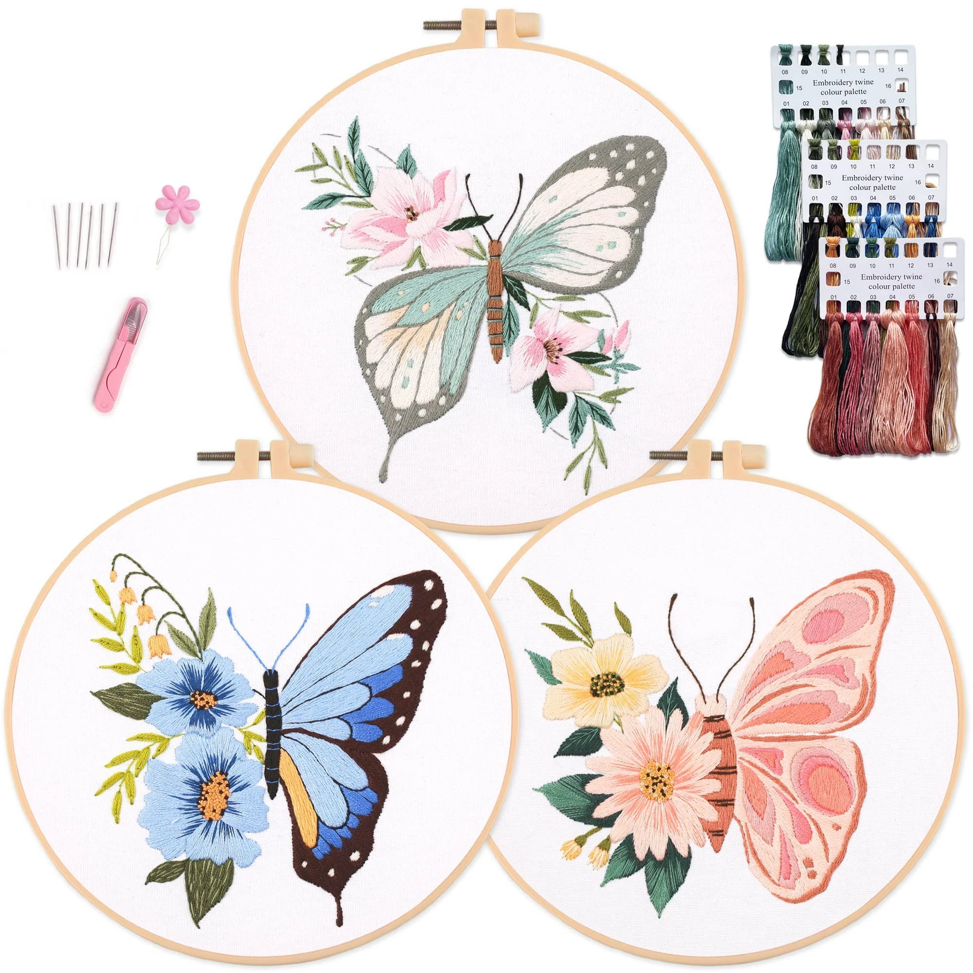 Myfelicity 3 Sets of Embroidery Kits, Butterfly and Flower Patterns, Embroidery Kits for Adults with 3 Hoops, 3 Embroidery Cloths with Patterns, Needles, Threads and Other Embroidery Tools
