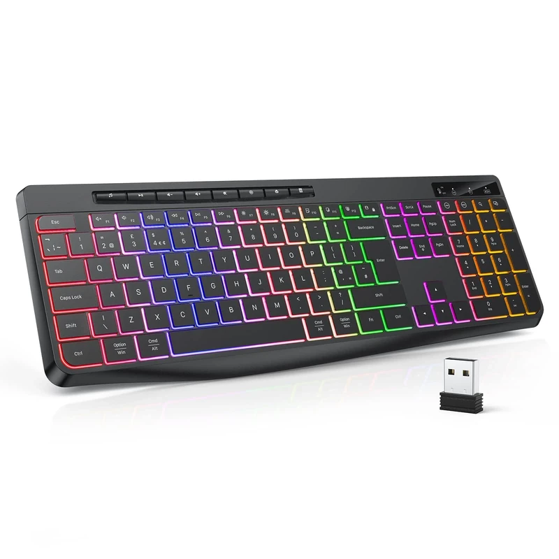 TECURS Wireless Keyboard QWERTY UK Layout, 2.4G Wireless Gaming Keyboard, LED Backlit, Ergonomic, Quiet, Rechargeable, Full Size Keyboard with Multimedia Keys for Computer/PC/Laptop/MAC/Windows