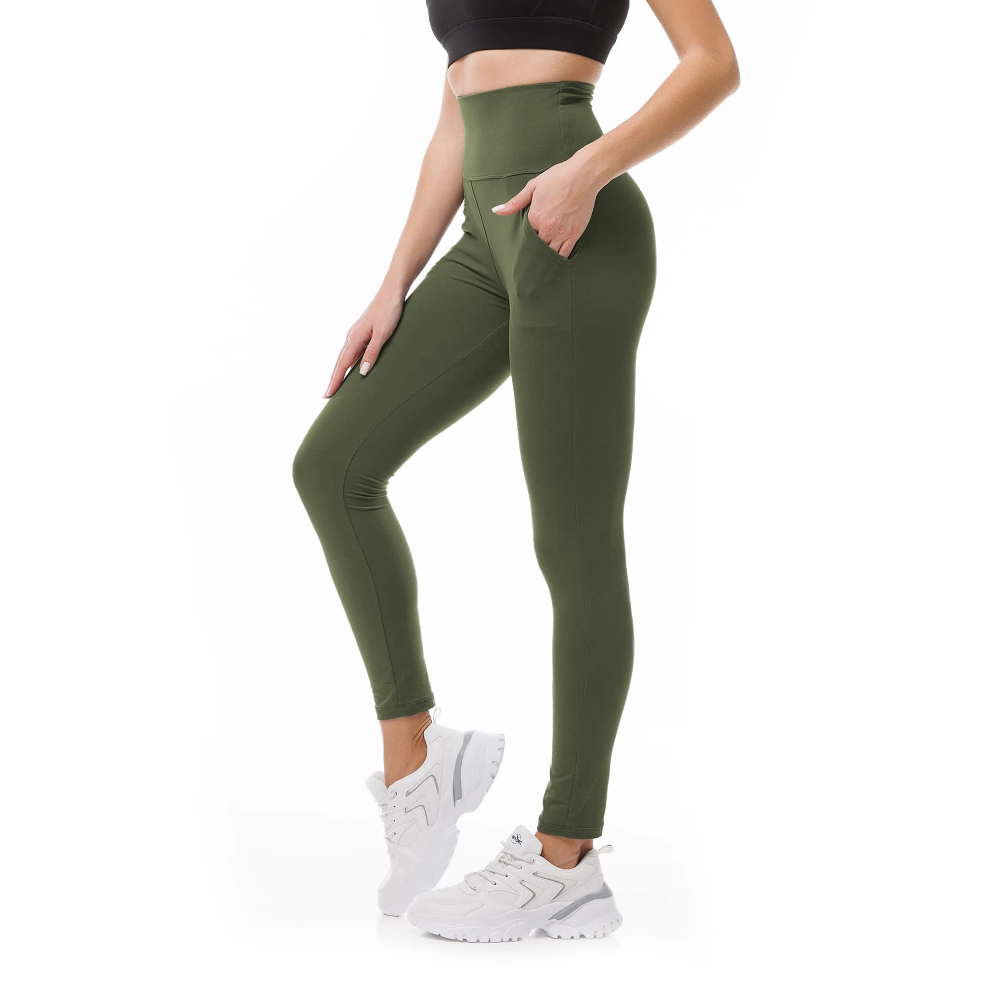 SINOPHANT High Waisted Leggings with Pockets for Women, Buttery Soft Elastic Opaque Tummy Control Stretchy Yoga Pants Trousers(#1 Pack, ArmyGreen,S-M