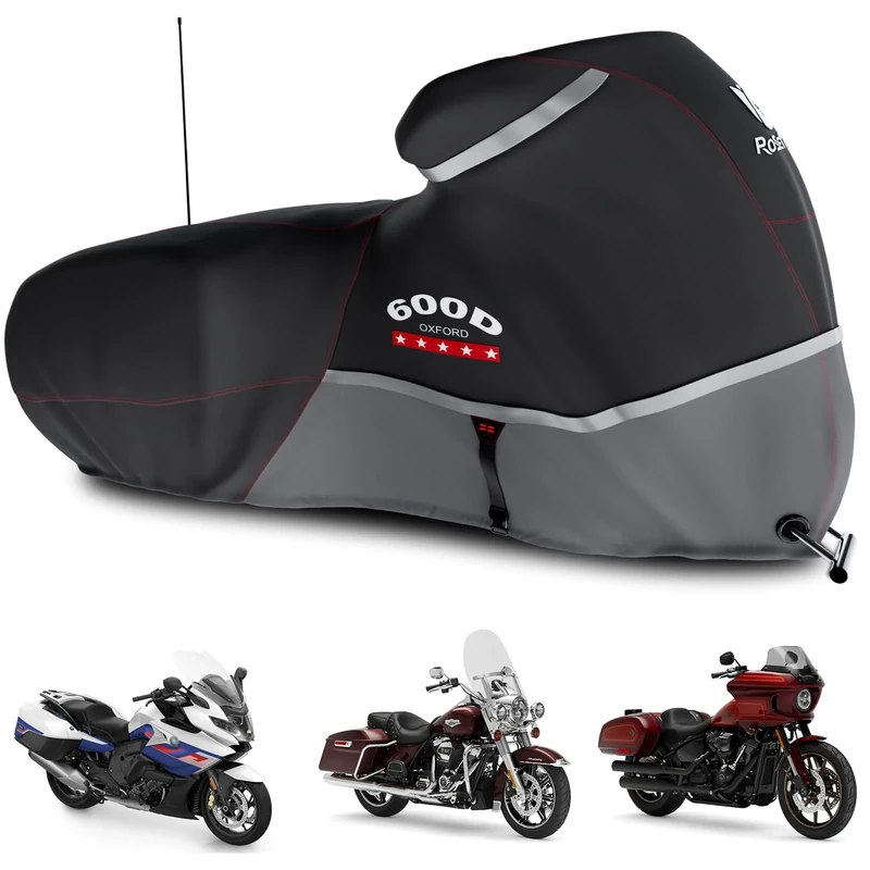 Rosefray Motorcycle Cover 600D Waterproof for Touring Models Harley Davidson Road King,Road Glide,Street Glide, Electra Glide,Low Rider-ST Indoor & Outdoor storage Gray