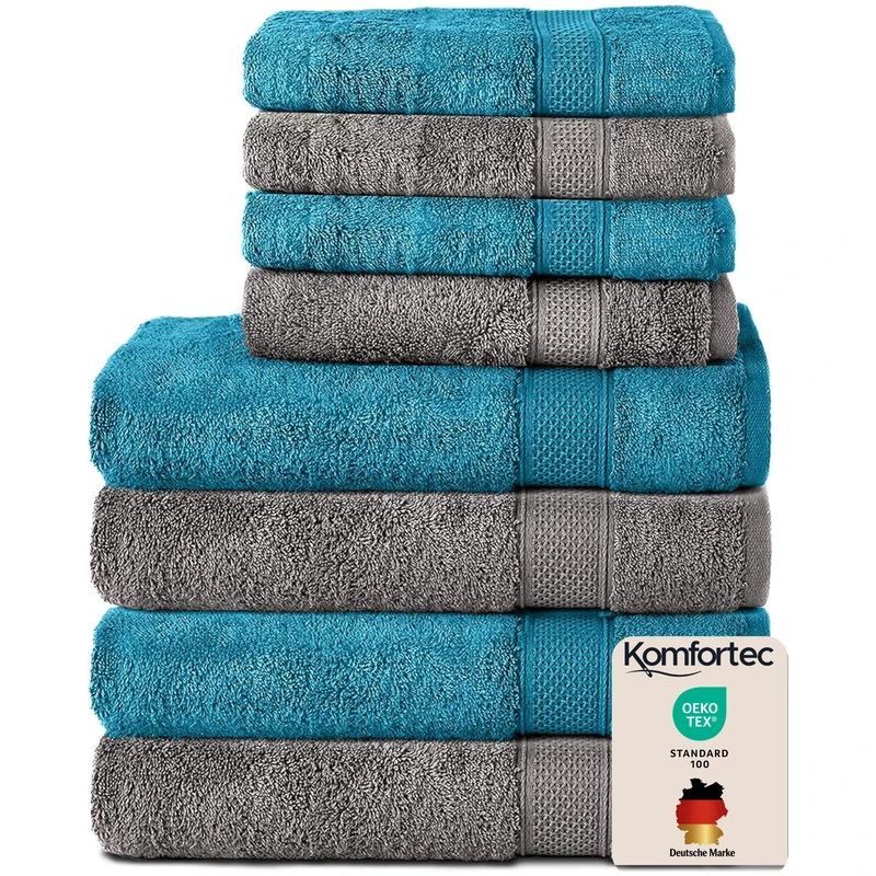 Komfortec Set of 8 100% Cotton Towels 470 g/m², 4 Bath Towels 70 x 140 cm and 4 Hand Towels 50 x 100 cm, Soft Terry Towelling, Large Size, Charcoal/Turquoise
