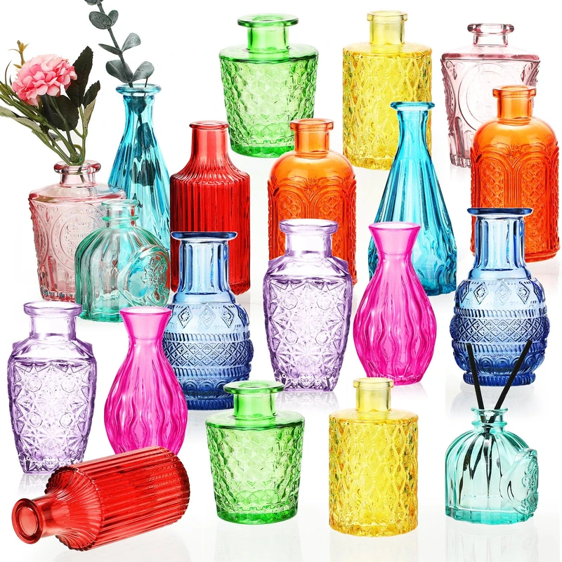 Inbagi 20 Pcs Glass Bud Vase Set Small Vases for Flowers Vintage Flower Vase in Bulk Cute Glass Vases for Centerpieces Rustic Decorative Glass Vase for Wedding Table Home (Many Colors)