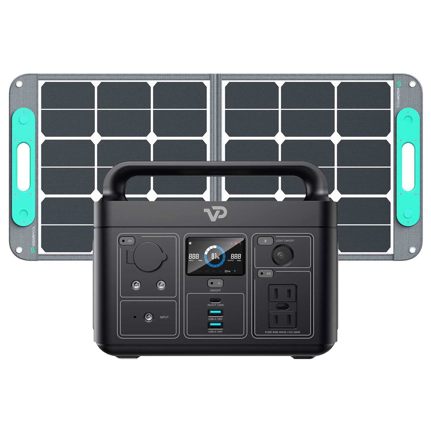 VIGORPOOL Generator 300, LAKE 300 + 100W Solar Panel(Grey), Portable Power Station 320Wh LiFePO4 Lithium Battery, 230V/300W Pure Sine Wave AC Outlet, 8 Outputs + 1 Wireless Outputs Camping Travel