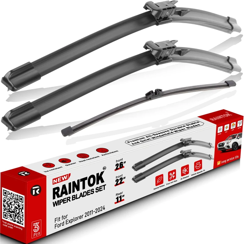 RAINTOK Windshield Wiper Blade Set Replacement for 2011-2018 Ford Explorer and Rear Windshield Wiper Blade-26"/22"/11" (Set of 3) Pinch Tab
