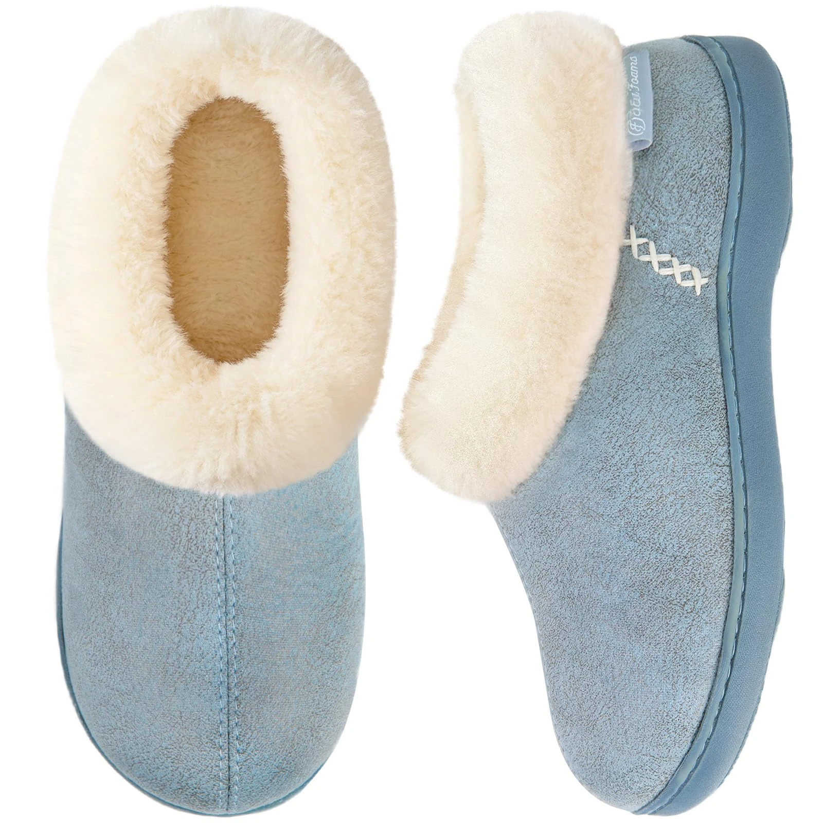 EverFoams Ladies' Micro Suede Memory Foam Slippers with Fluffy Faux Fur Collar and Indoor Outdoor Rubber Sole Blue, Size 3-4 UK