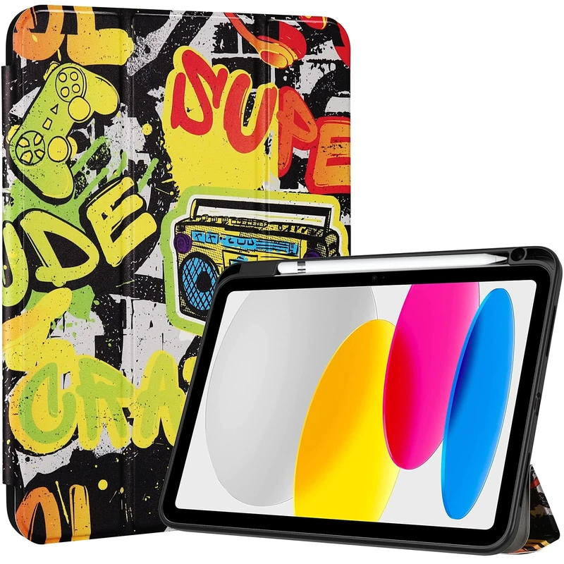 ProCase for iPad (A16) 11th Generation 11 Inch 2025/10th Generation 10.9 Inch 2022 Case with Pencil Holder, Hybrid iPad 11 10 Case with Clear Back, Supports Auto Wake/Sleep -Graffiti