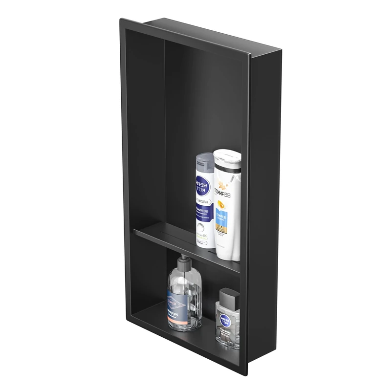 Bernkot Stainless Steel Shower Niche Matte Black 24" X 12" No Tile Needed Wall Shelf Double Recessed Shower Shelf for Bathroom Over Mount Installation