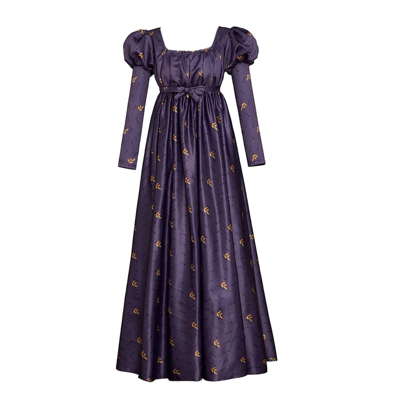 MyheroCos Women's Regency Empire Dress Jane Austen Vintage High Waist Tea Length Purple Floral Puff Sleeve Dress, XL - Image 1