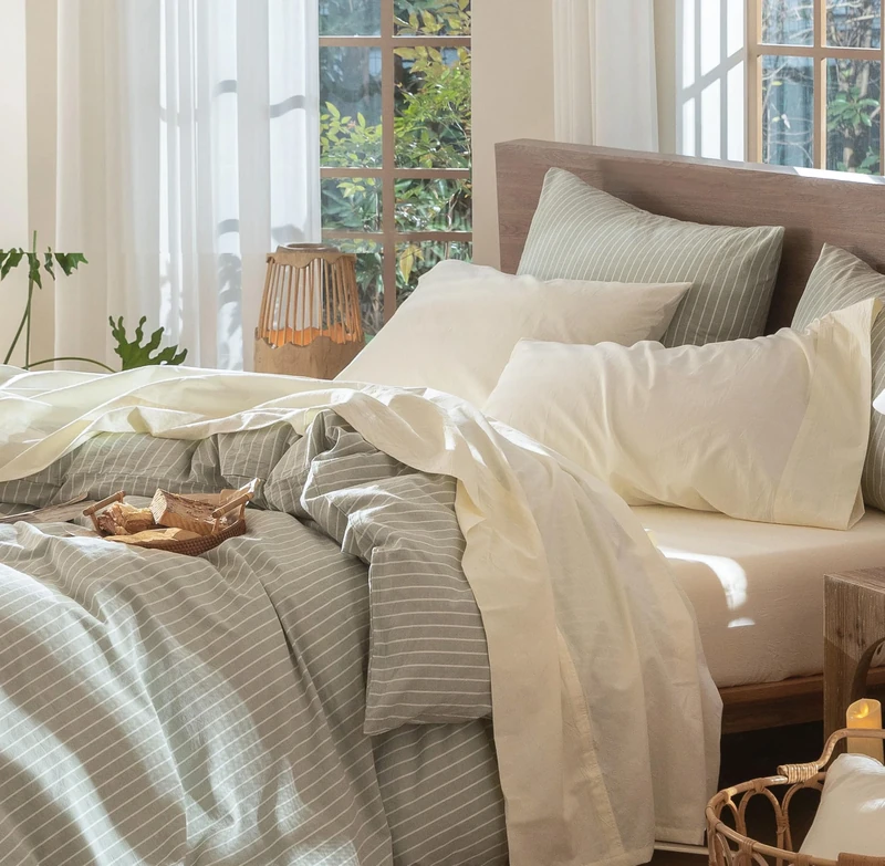 MOOMEE Bedding Sheet Set 100% Washed Cotton Linen Like Textured Breathable Durable Soft Comfy (Cream White, Queen)