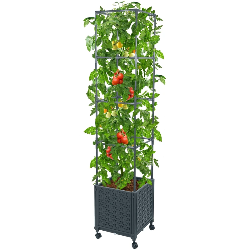 GREEN MOUNT Raised Garden Bed Planter Box Tomato Cage w/Trellis for Outdoor Balcony Patio Yard, Plant Vegetable Vine Flowers Climbing w/Self-Watering Drainage Holes Wheels 12.4"x12.4"x56.69"