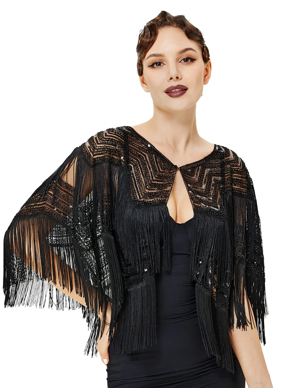 BABEYOND Gatsby Shawl Wrap for 1920s Evening Party Night Cape for Women Bridal Sequin Capelet, Black, One Size